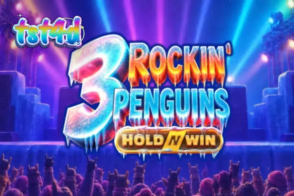Tiga karakter penguin punk-rock di atas panggung konser es dalam slot 3 Rockin’ Penguins